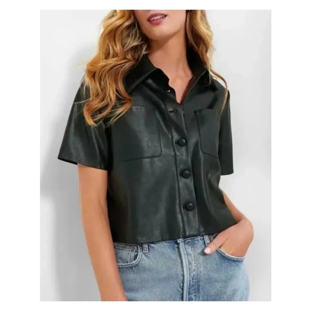 Pomander Place Tuckernuck Shirt Plus 2XL Black Faux Leather Short Sleeve Top NWT